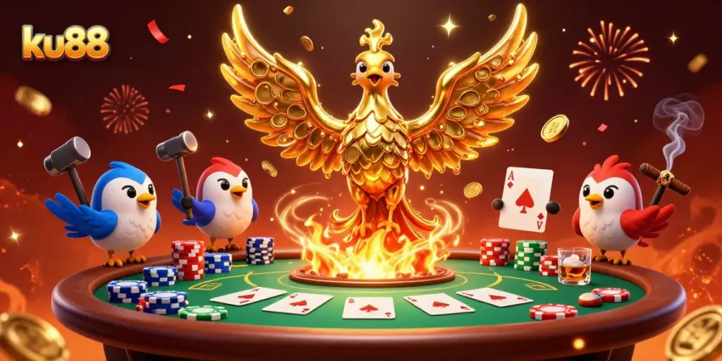 Experience thrilling poker action with ku88 in a vibrant casino scene filled with phoenix and chips.