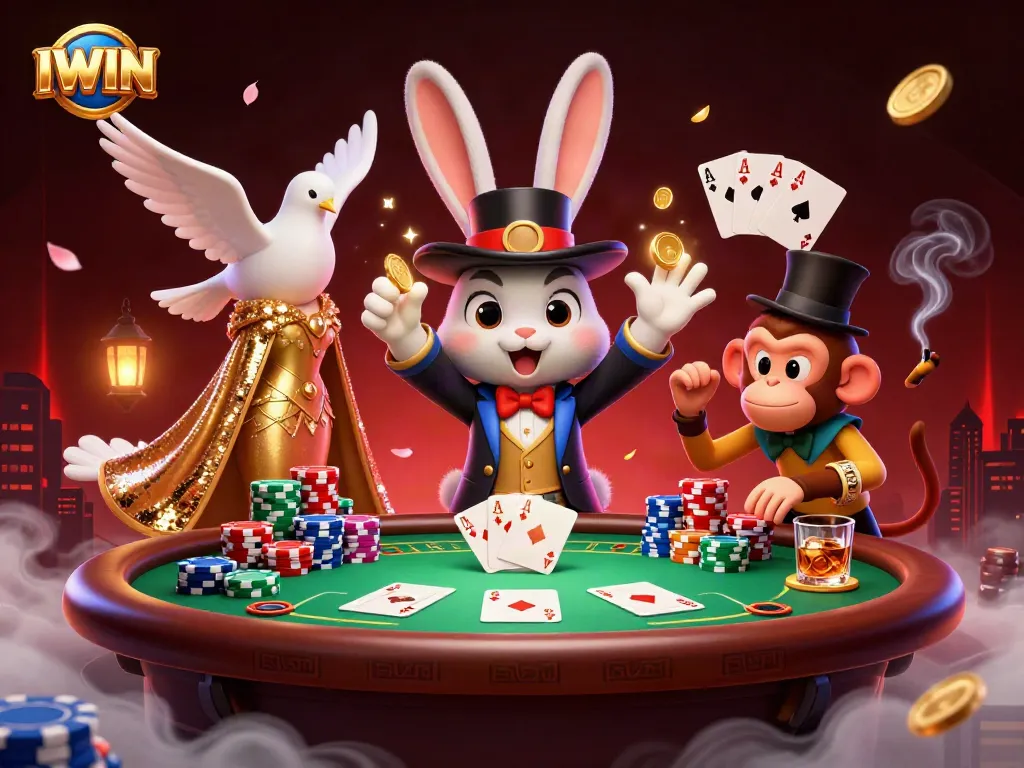 IWIN magician rabbit pulls golden coins in an exciting casino scene filled with poker elements.