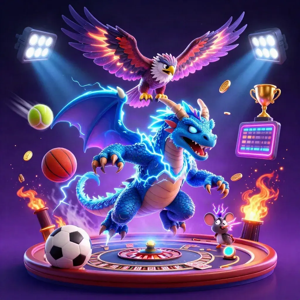 Thunder dragon, wind hawk, and thunder-mouse amid neon casino relics, coins, lights, and a stormy starfield