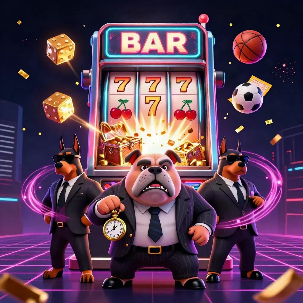 Bulldog boss and Dobermans amid slot bursts, flying balls, gold dice, and neon casino haze.