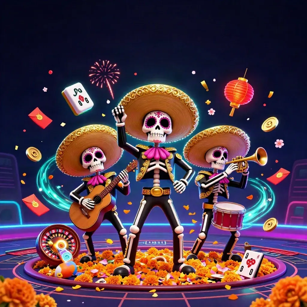 Day-of-the-Dead skeleton mariachi trio amid neon casino magic, coins, lanterns, and fireworks