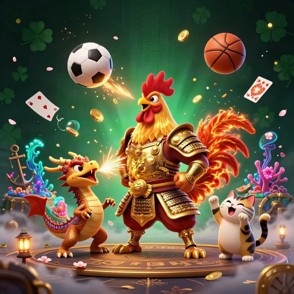Rooster samurai, spark-breathing dragon hatchling, and fortune-cat amid casino treasure, balls, and neon spray