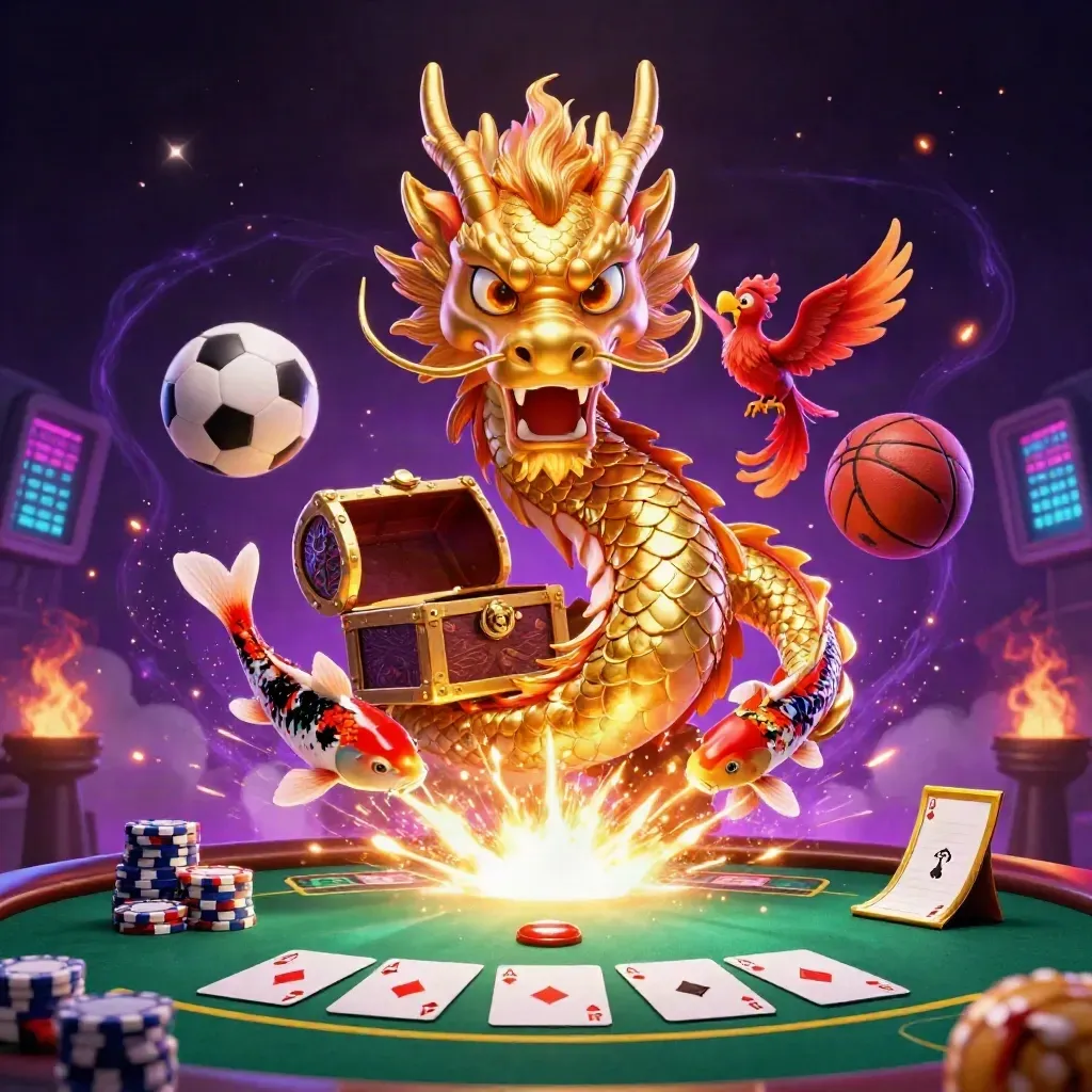 Golden dragon with phoenix and koi amid flying balls, chips, and casino glow