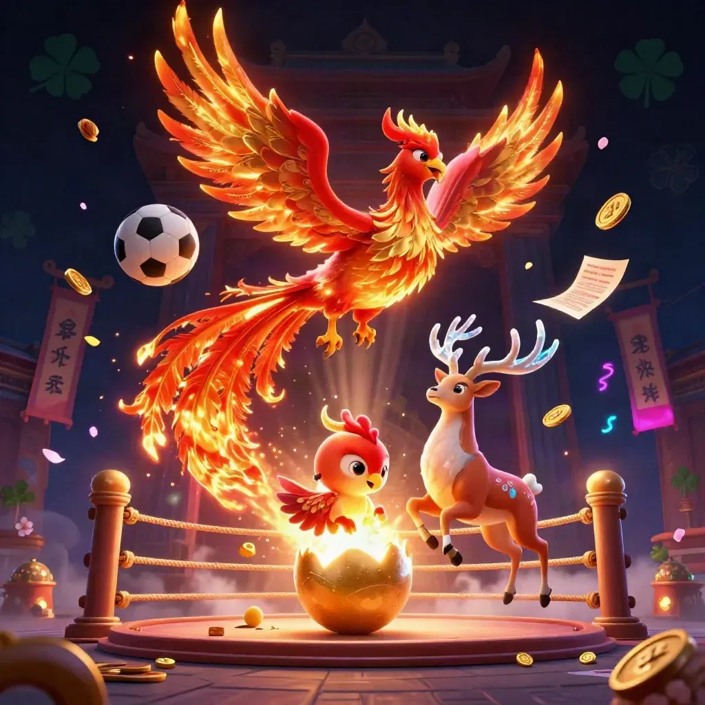 Phoenix, stag, and baby phoenix amid coins, balls, and temple lights in a neon casino sports scene.