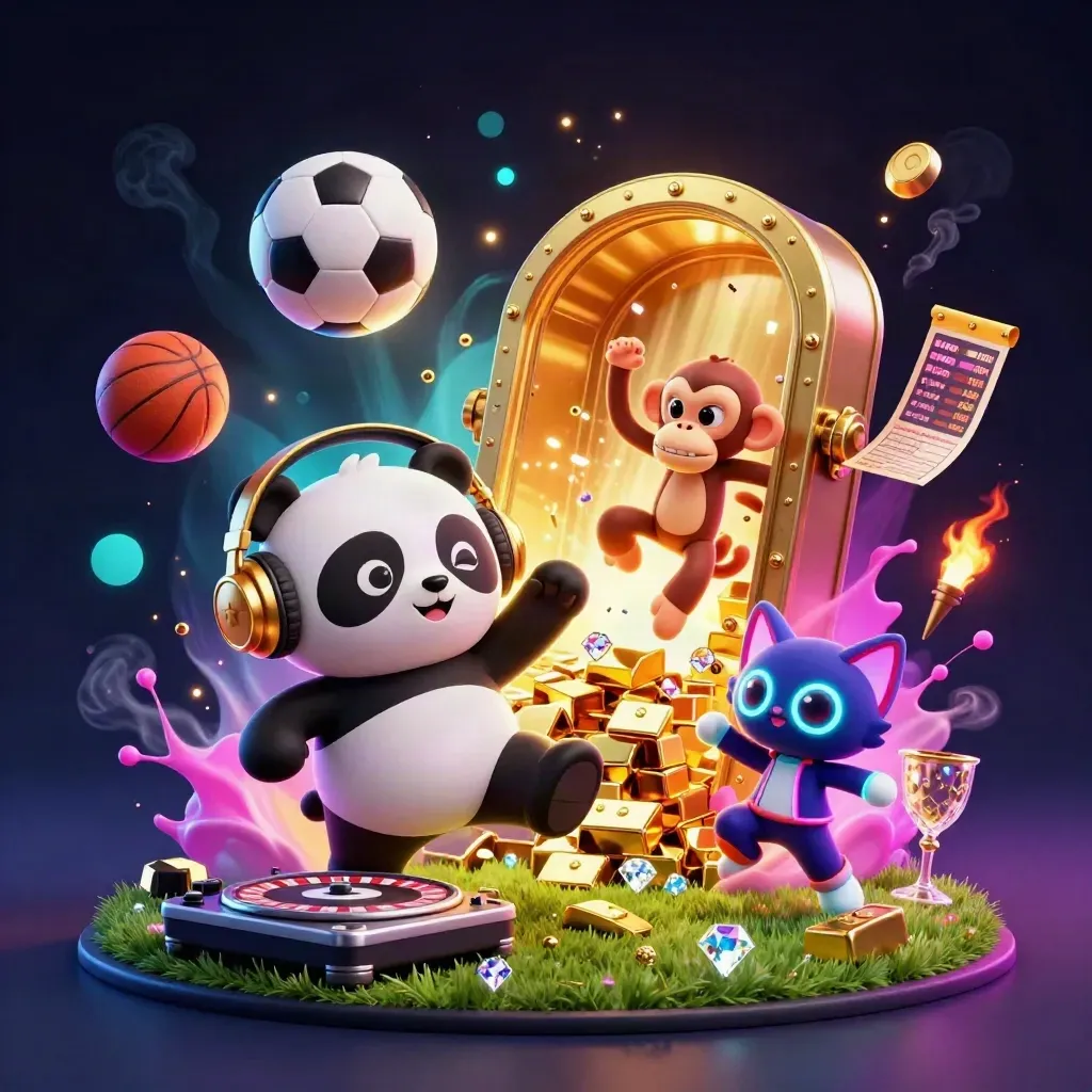 Cartoon panda DJ, monkey, and kitten with exploding sports balls and gold vault lights