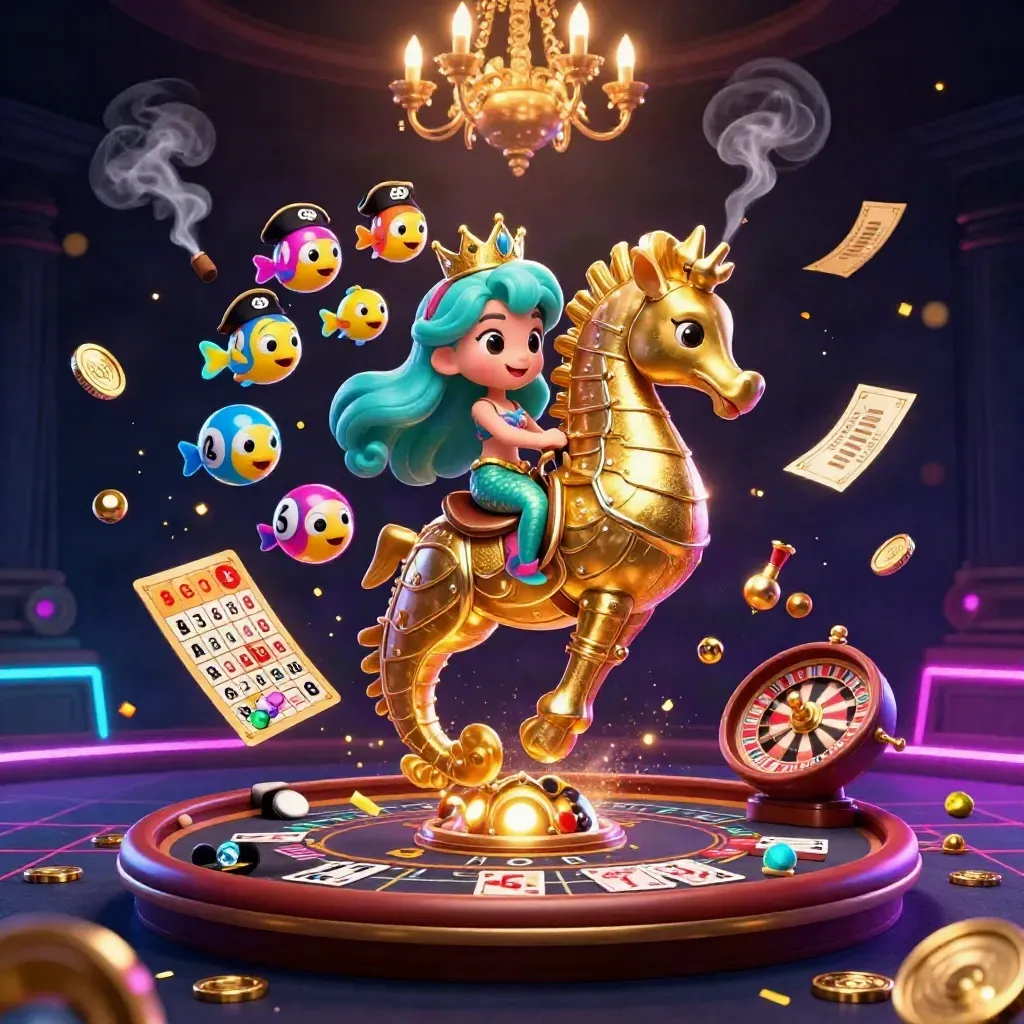 Mermaid princess rides armored seahorse amid casino symbols and neon lights