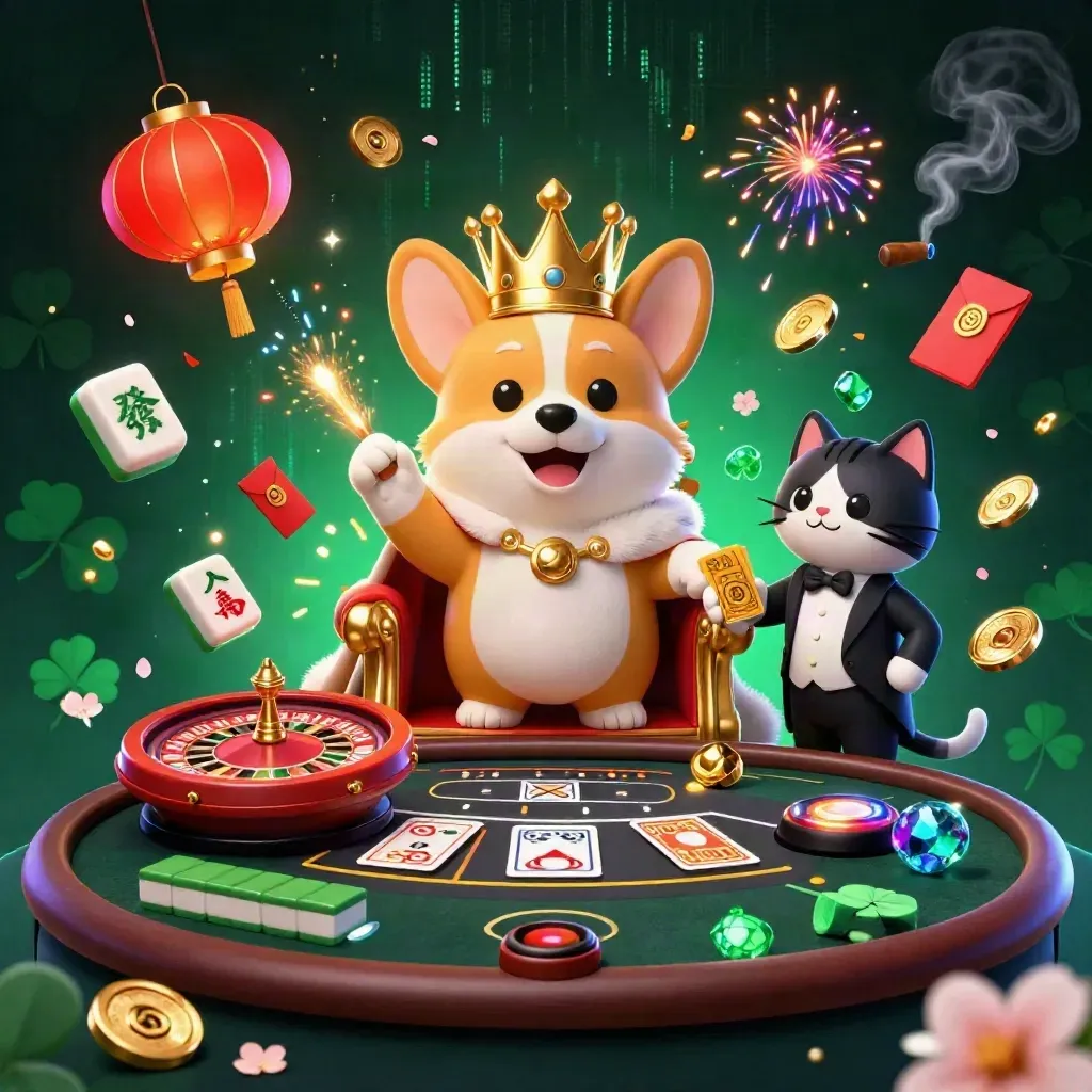 Royal corgi and cat butler amid neon casino glamour, roulette, lanterns, coins, and confetti