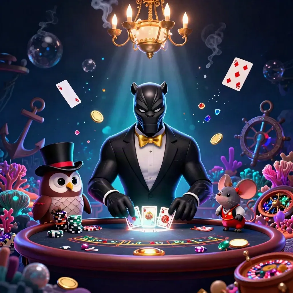 Panther, owl, and mouse in luxe casino-underwater fantasy with coins, coral, cards, and neon glow