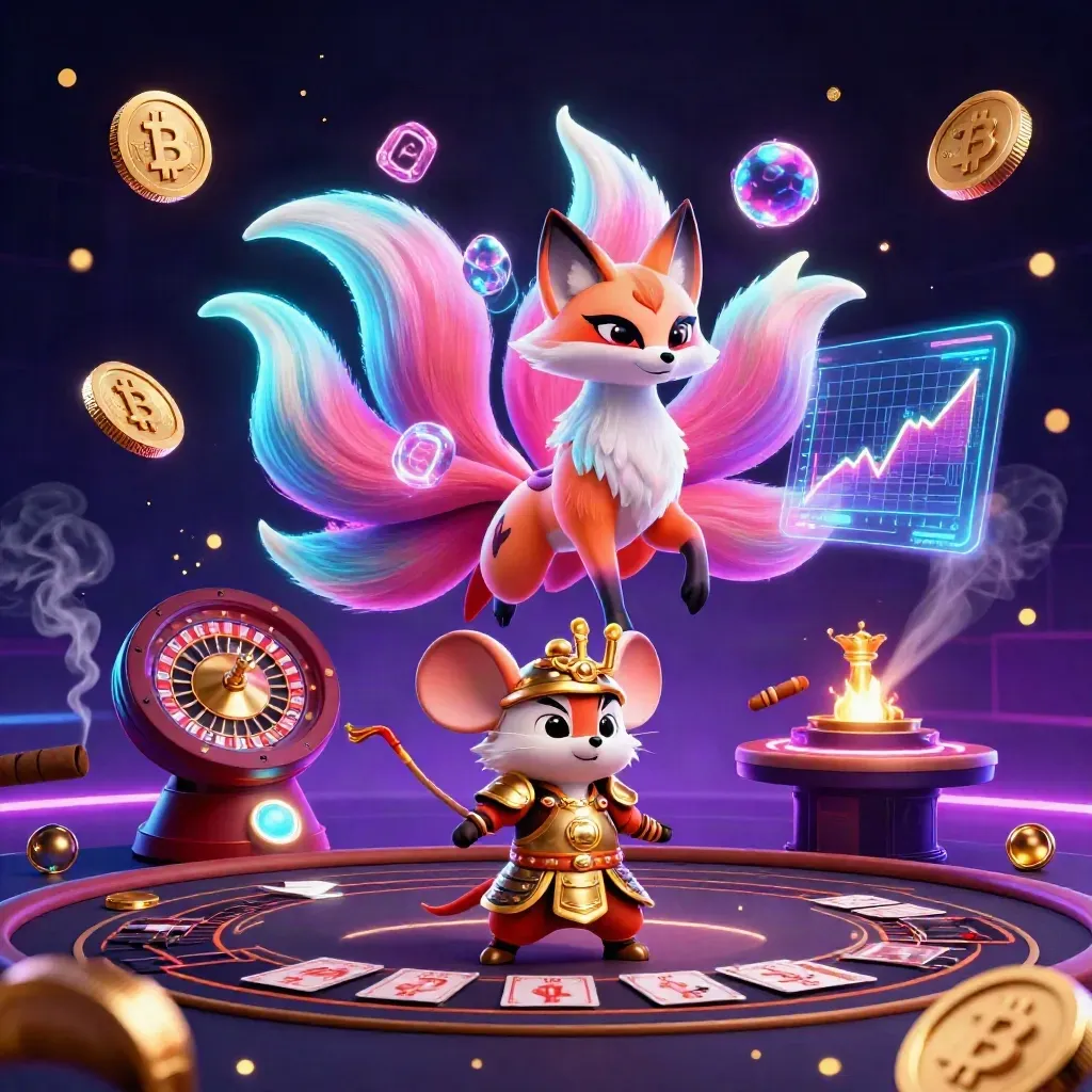 Fox spirit and samurai mouse amid neon casino magic, coins, charts, brass, and chandelier glow.