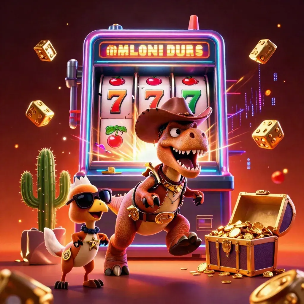 Cowboy T-Rex, cactus sidekick, and roadrunner amid jackpot bursts in neon casino art.