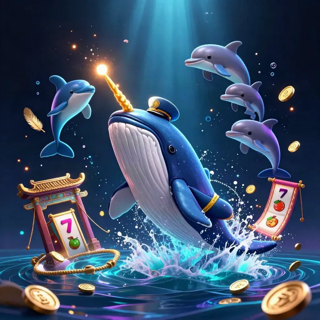 Whale captain, narwhal, and dolphins burst through coins in a neon casino underwater scene.