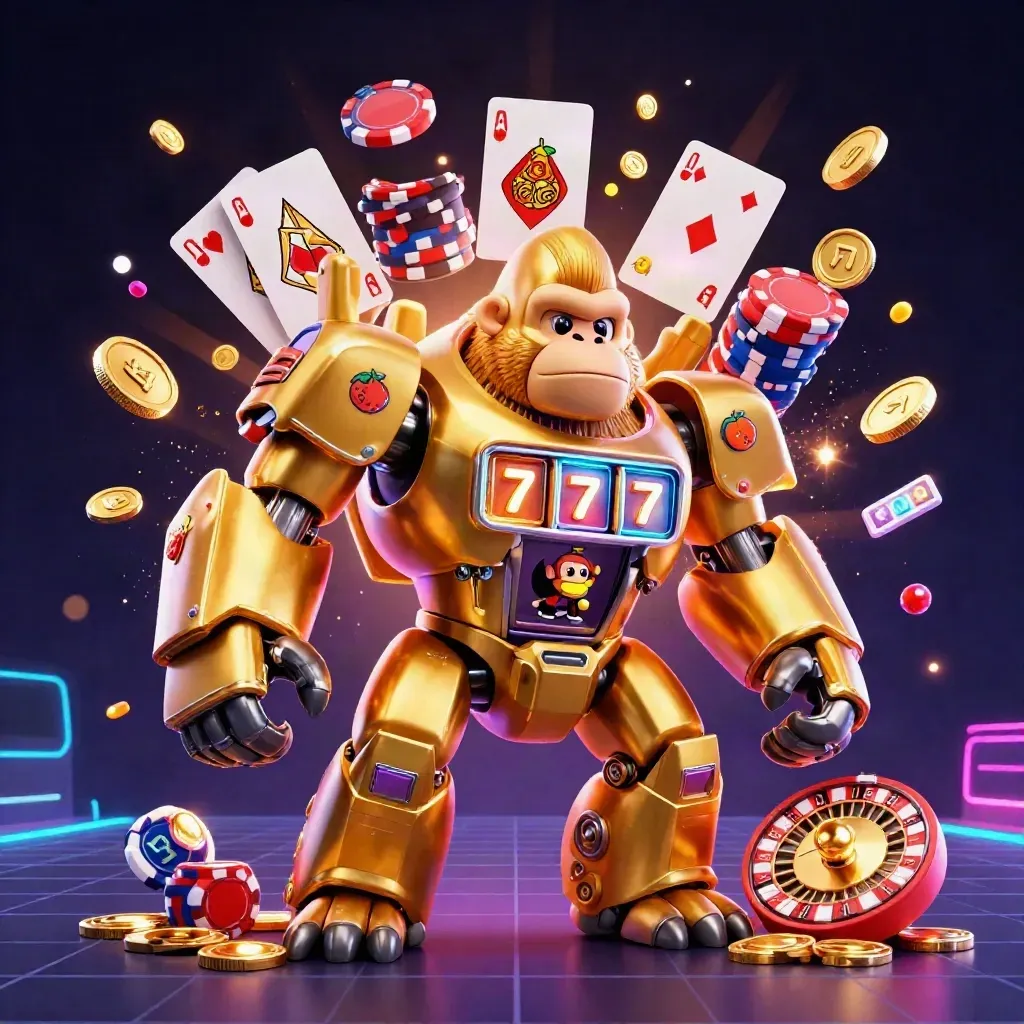 Golden gorilla mech with monkey pilot bursts coins, gems, chips, cards, and roulette in neon casino light.