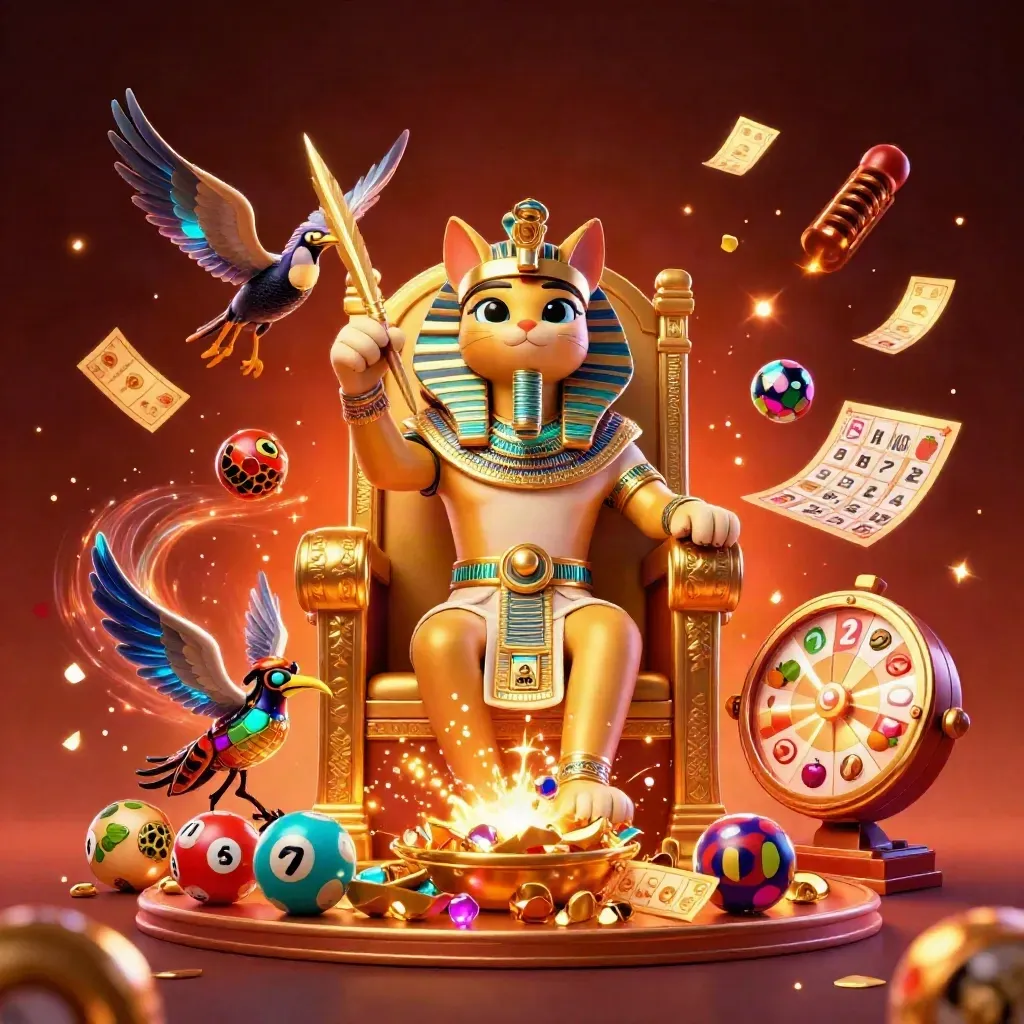Pharaoh cat, ibis scribe and gem scarabs amid casino bursts, gold treasure and glowing effects