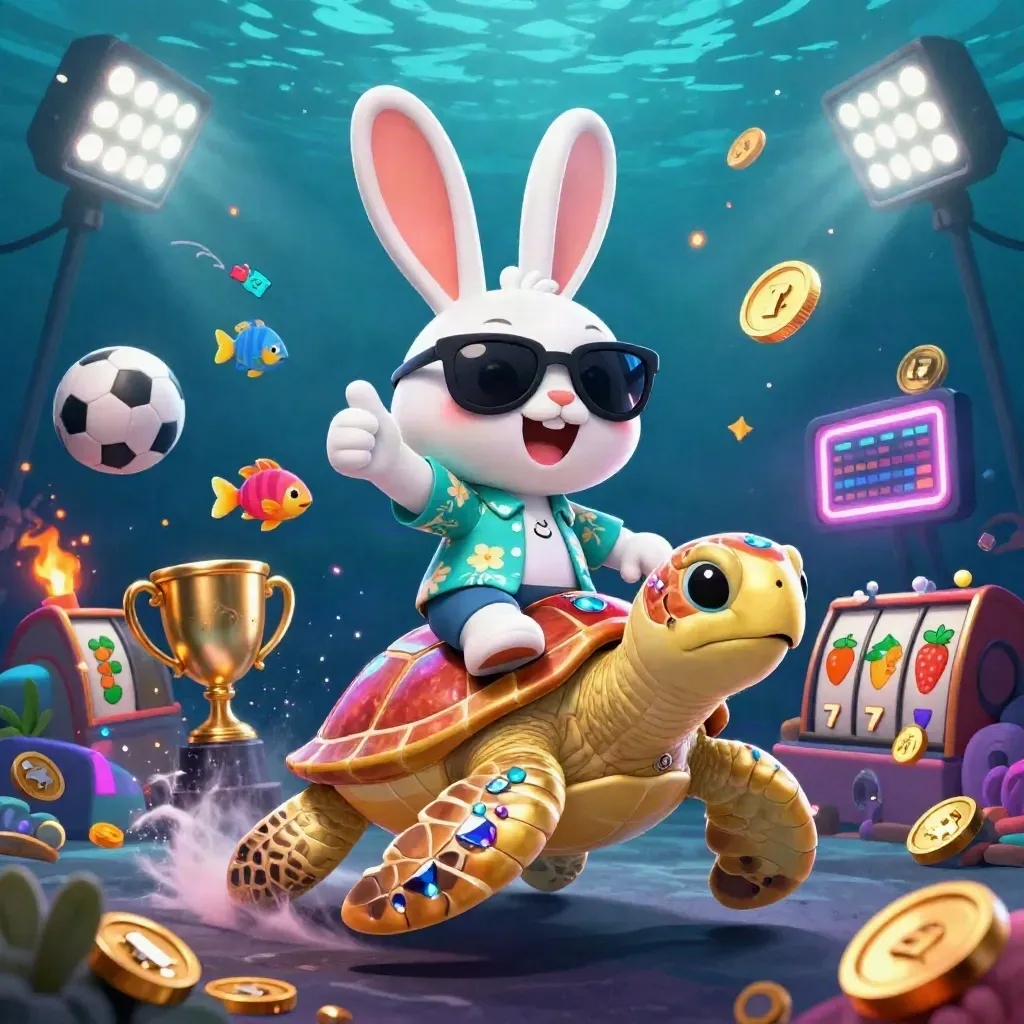 Lucky rabbit on a gem-shelled sea turtle amid sports balls, coins, and neon casino magic.