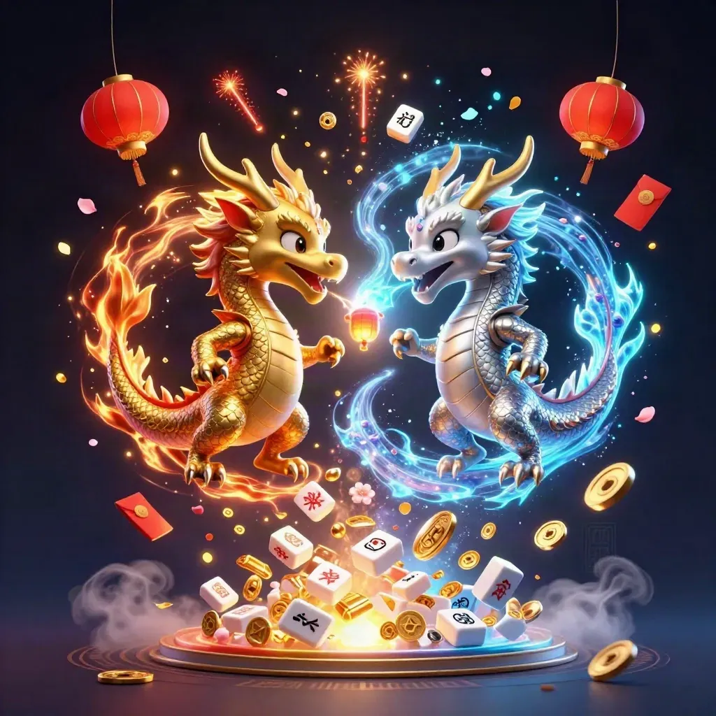 Gold and silver dragons form a yin-yang of fire and ice amid casino treasure.