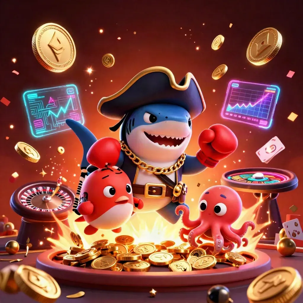 Shark pirate, pufferfish boxer, octopus juggle coins amid vault burst and casino effects.