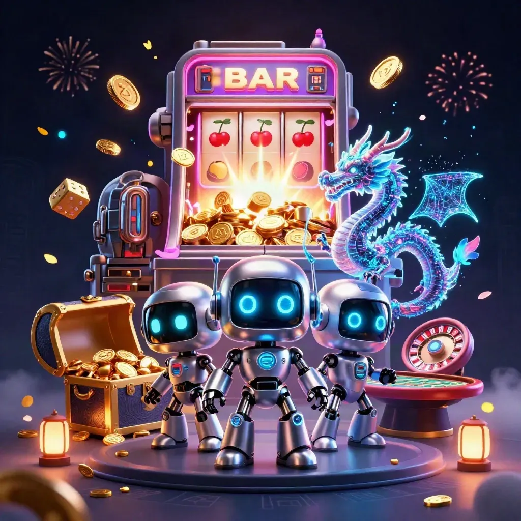 Cyberpunk robot, hologram dragon, and coin drone amid exploding slots and gold coins