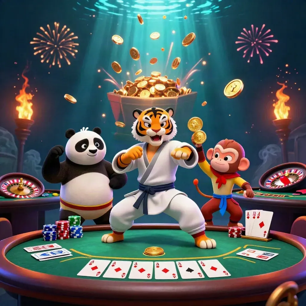 Kung-fu tiger, panda and monkey amid casino chips, cards, roulette wheel and bursting gold coins