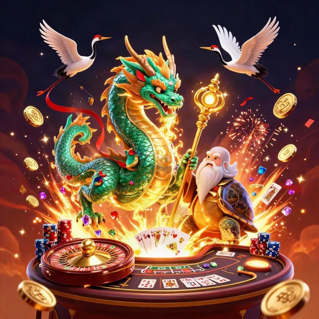Dragon, turtle sage, and cranes amid coins, chips, cards, fireworks, and glowing casino energy.