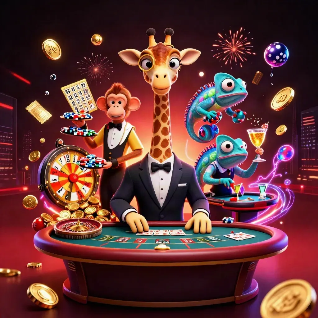 Giraffe high roller, monkey valet, and chameleon bartender amid exploding coins, neon casino effects, and spinning game props