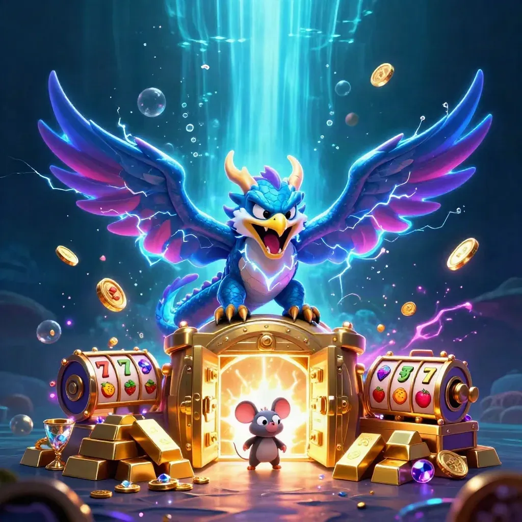 Thunder dragon, wind hawk, and static mouse bursting from a glowing vault in neon cyan and gold.