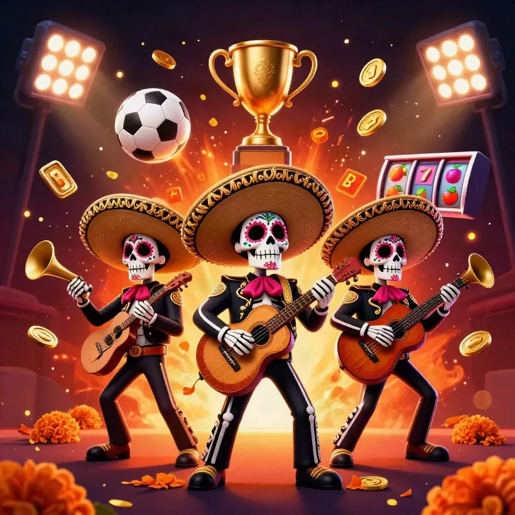 Three festive skeleton mariachi musicians amid casino wins, coins, balls, trophy, and neon glow