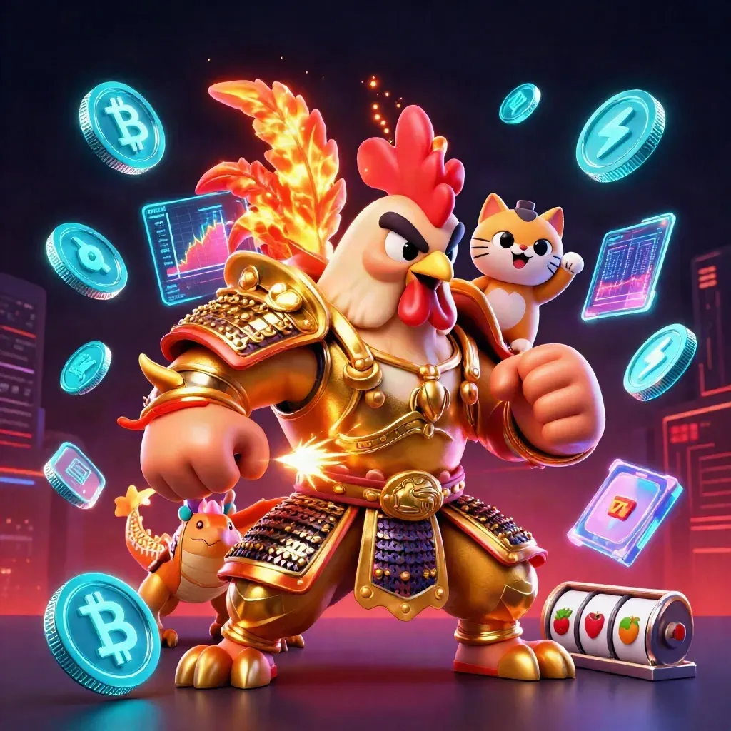 Rooster warrior, dragon hatchling and lucky cat amid neon casino coins and lightning.