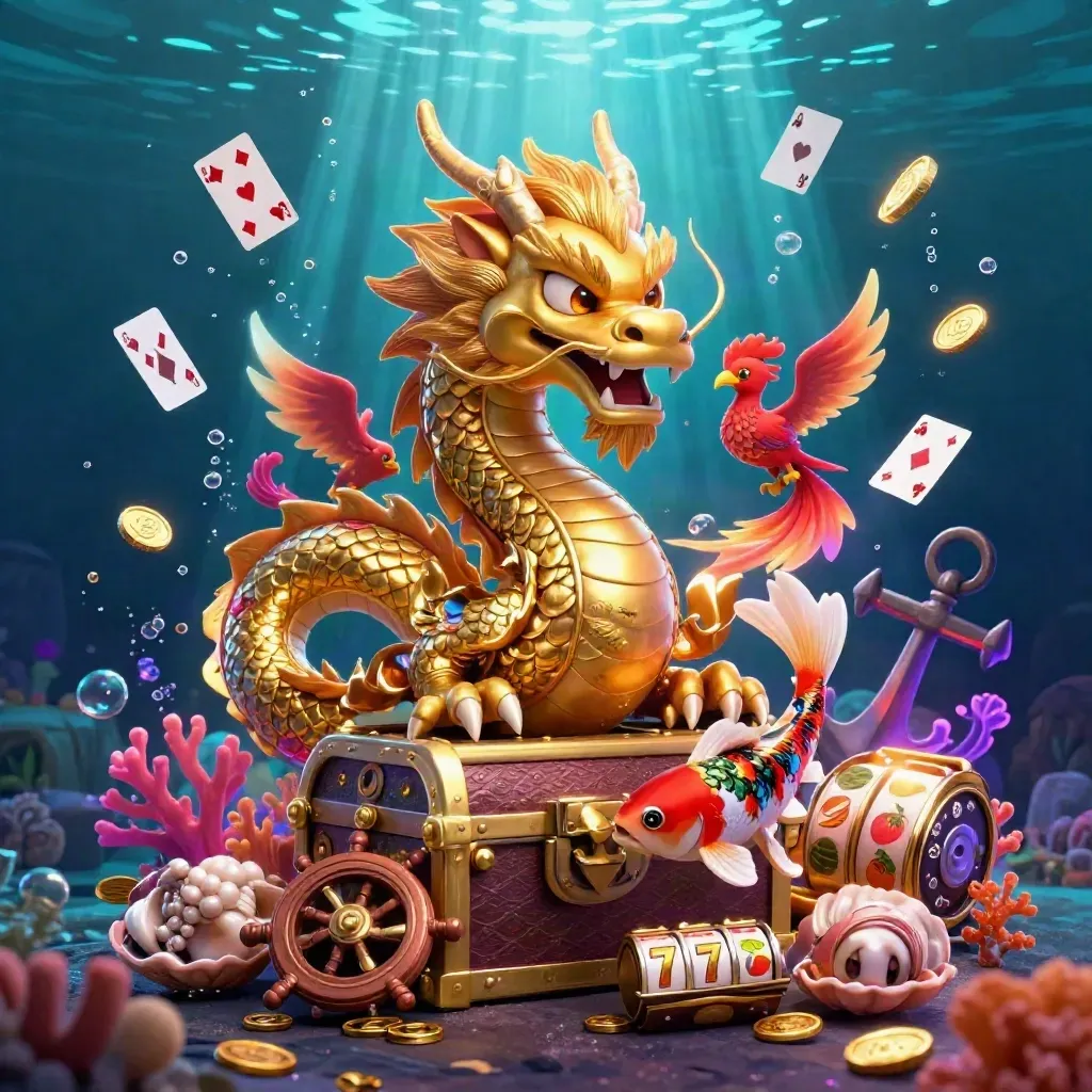 Golden dragon with phoenix and koi amid treasure, coins, reels, and glowing underwater casino effects.