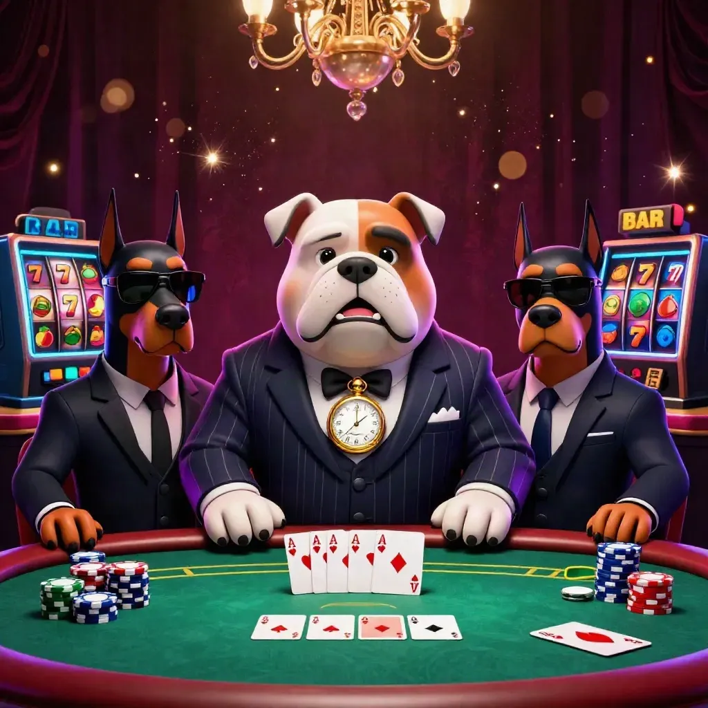 Bulldog mob boss with two Dobermans amid poker chips, cards, reels, and casino glow.