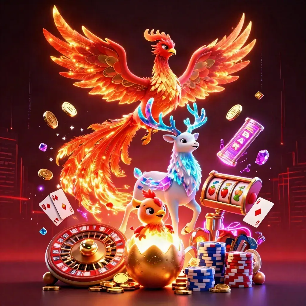 Phoenix, baby phoenix, and crystal stag amid casino coins, roulette wheel, chips, and neon streaks.