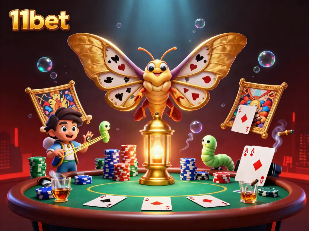 Experience thrilling gameplay with 11bet's vibrant casino scene featuring card games and dynamic lights.