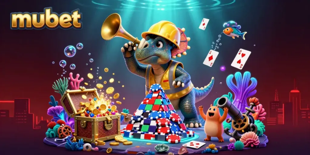 Join the thrilling mubet casino world with vibrant characters building poker chip pyramids.