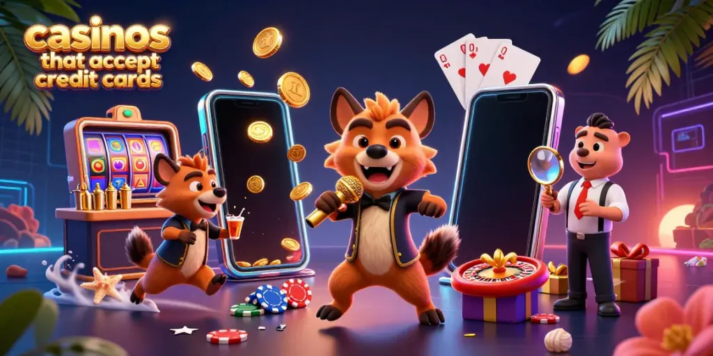 Experience fun at casinos that accept credit cards, illustrated by hyenas in a comedy casino.