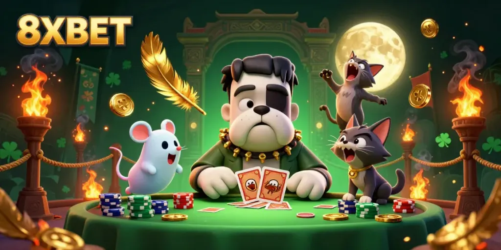 Engage in thrilling actions at 8XBET with vibrant games, enticing characters, and casino excitement illustrated