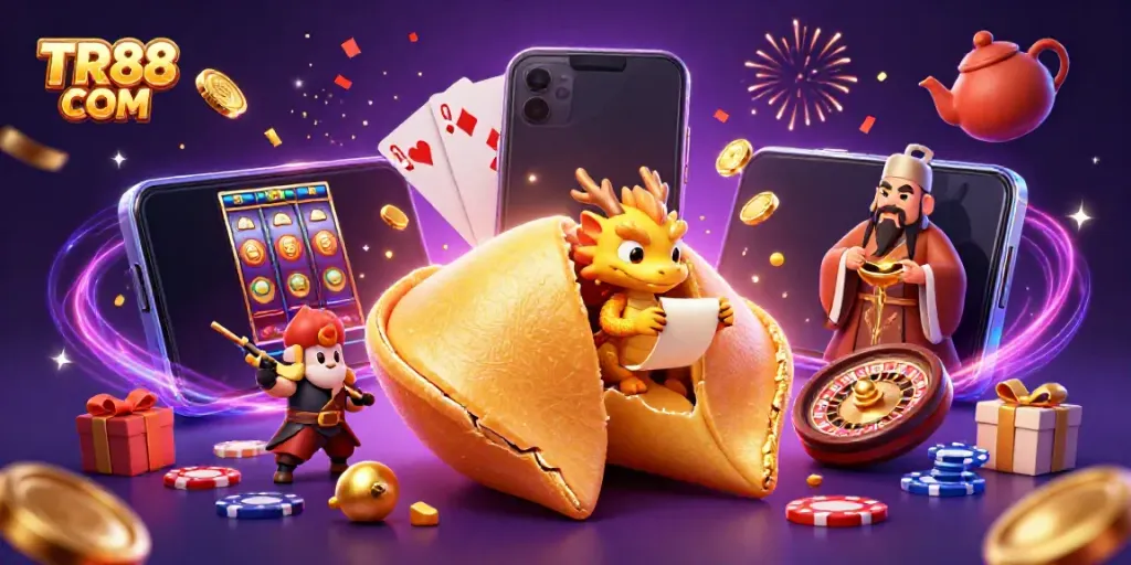 Engage with TR88 COM's vibrant casino scene featuring a golden fortune cookie and games.
