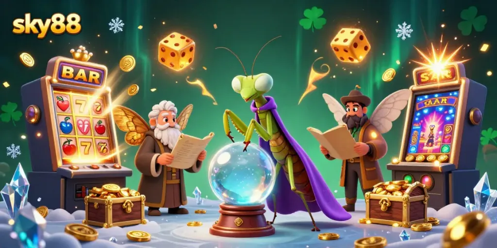 Sky88 gamblers enjoying a vibrant 3D casino scene filled with jackpots and lively gaming elements.