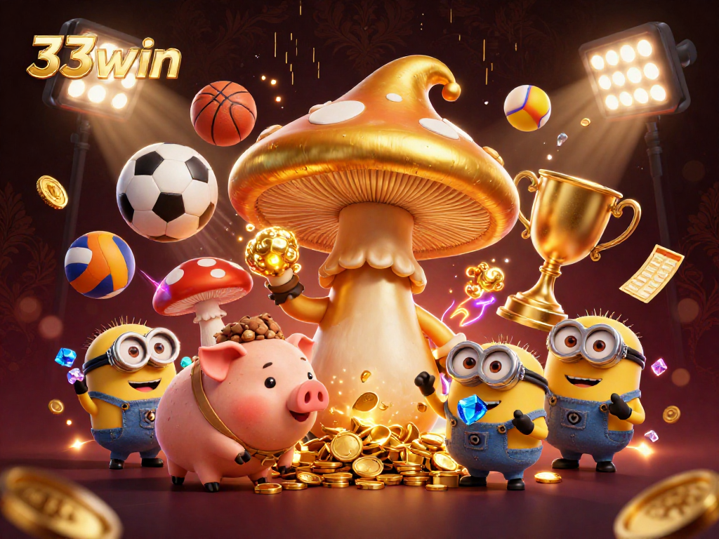 33win showcases a vibrant illustration of a magical mushroom wizard with sports elements and treasure representing online betting.