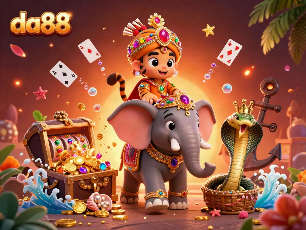 Experience the excitement of da88 with a colorful 3D scene featuring a majestic tiger, an elephant, and a cobra alongside casino elements.