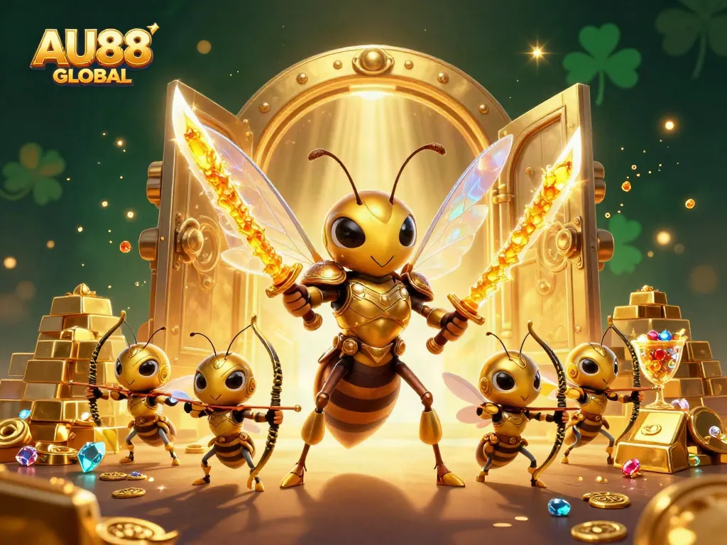 Experience the excitement at AU88 GLOBAL with a vibrant, 3D scene featuring a hornet warrior and bee archers amidst treasure galore.