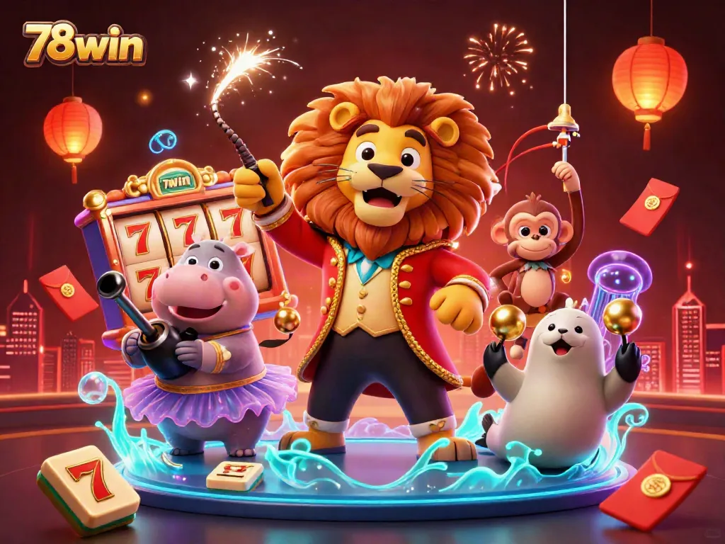 Experience winning moments at 78win with 3D circus characters celebrating casino excitement and vibrant game elements.