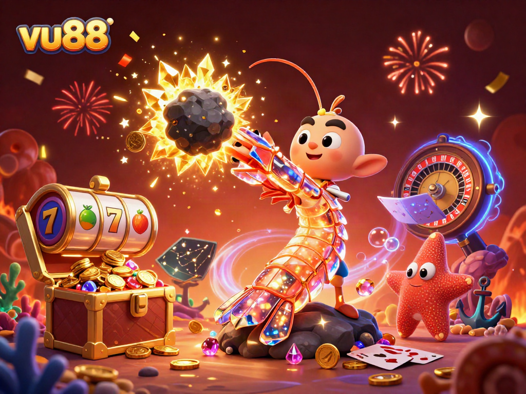 Experience thrilling wins at vu88 with a galactic samurai mantis shrimp amidst vibrant slot reels.