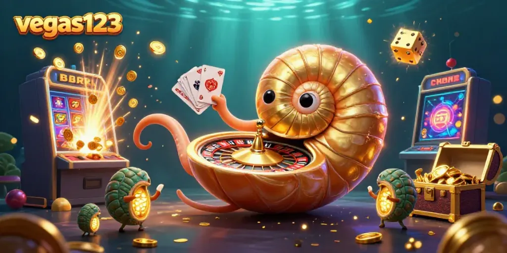 Slot kemenangan besar di vegas123 dengan karakter nautilus kuno, lampu emas, dan simbol kasino.