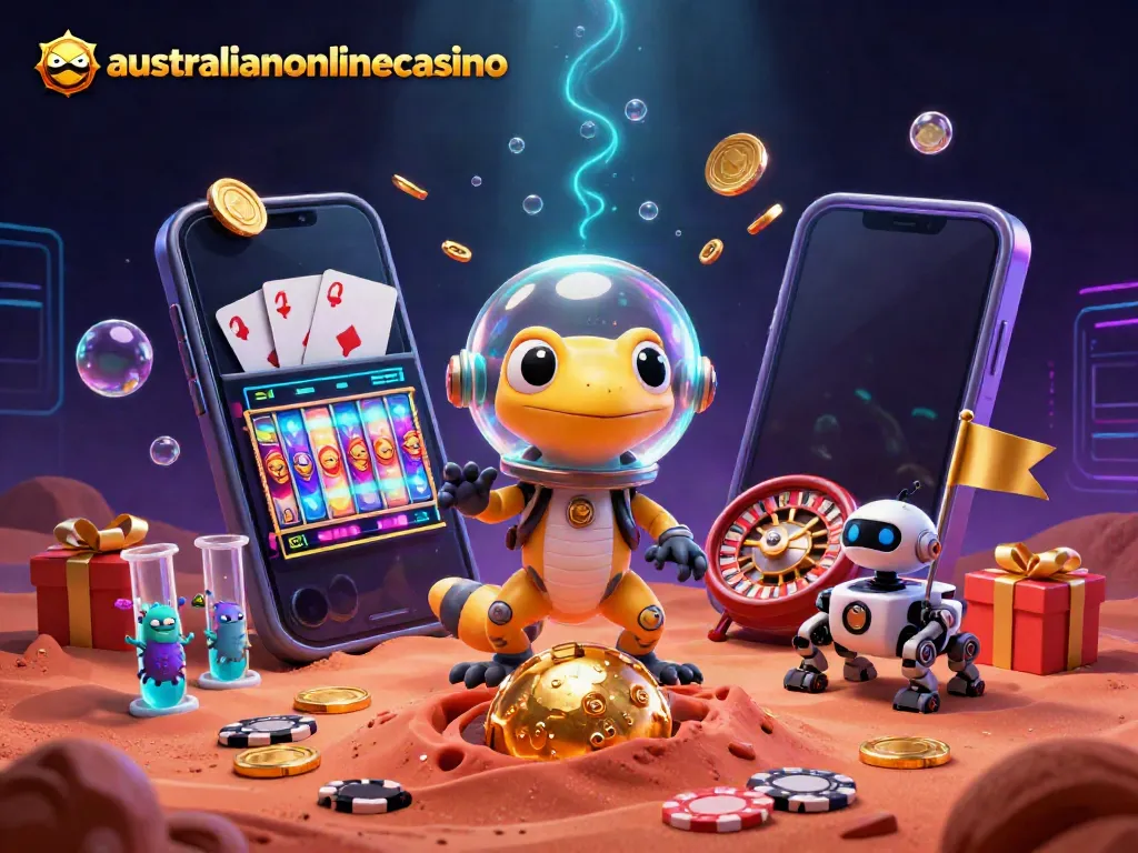 A vibrant illustration of a Martian gecko discovering a casino, celebrating with casino games, highlighting australianonlinecasino