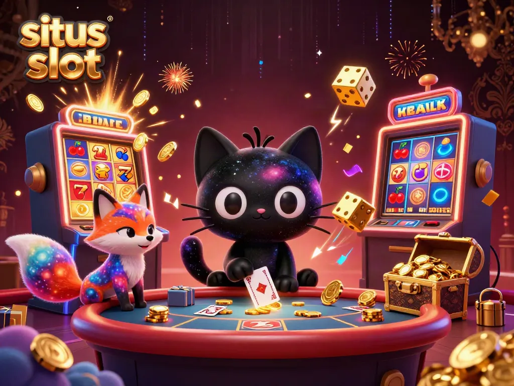 Experience thrilling gameplay at situs slot with a captivating cosmic casino scene featuring vibrant characters and jackpot symbols.