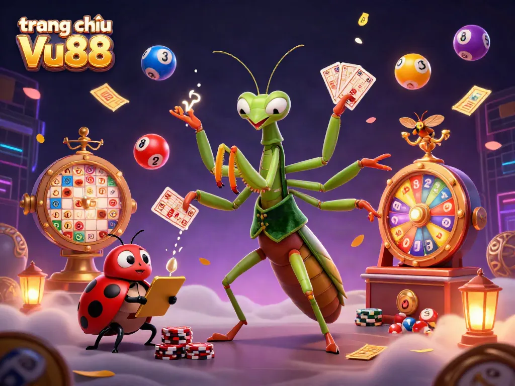 Engage in thrilling games at trang chủ Vu88 with an exciting 3D casino scene featuring vibrant lottery elements.