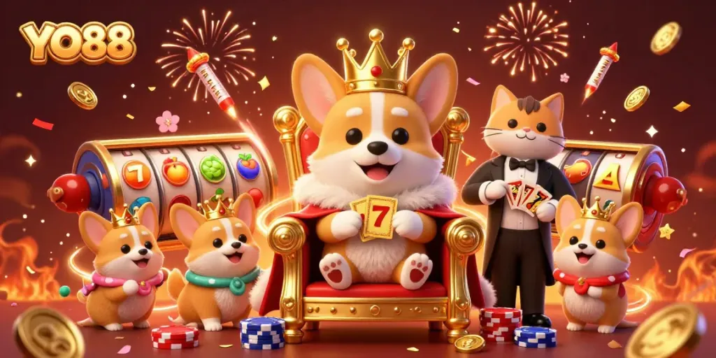 Experience winning thrills at YO88 with dazzling jackpots and festive gaming excitement in a vibrant illustration.