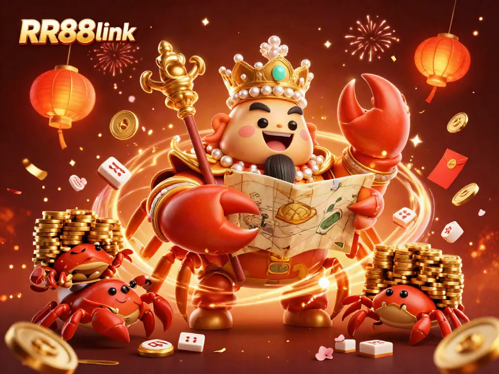 Engage with the RR88 link experience in vibrant 3D casino art featuring a golden crab emperor.