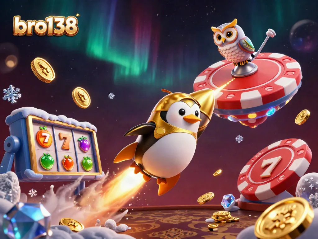 Spin exciting slots at bro138 with a golden penguin racing to jackpots while golden coins rain down.