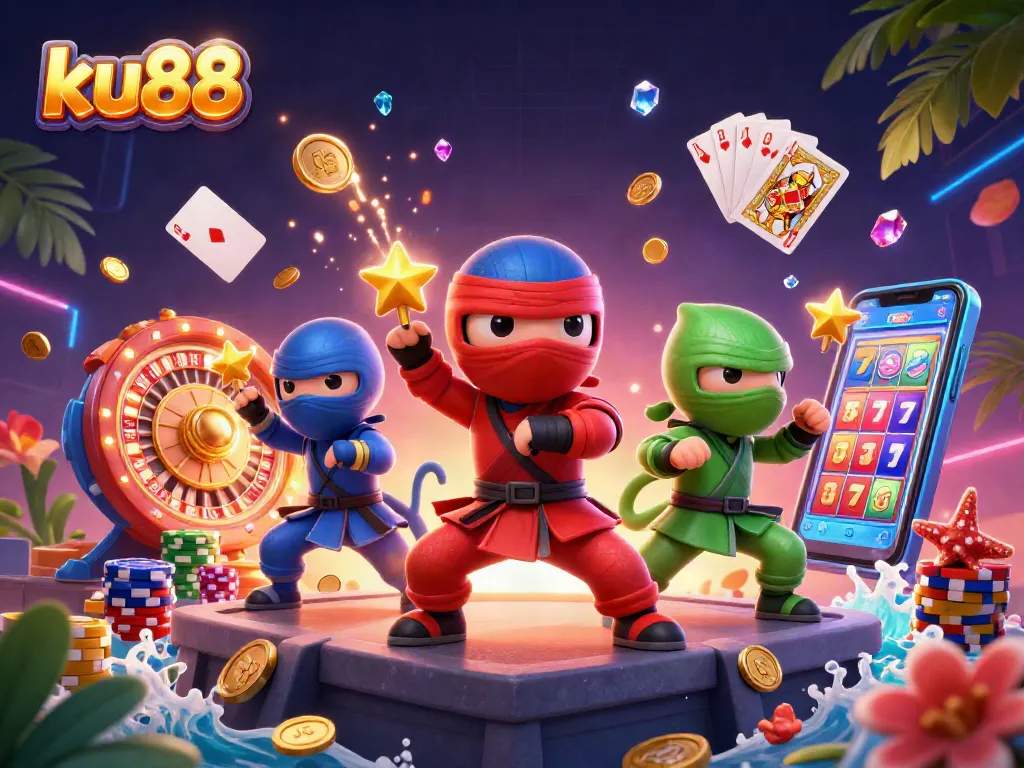 Experience the excitement of ku88 with chameleon ninjas and dynamic casino elements in this vibrant illustration.