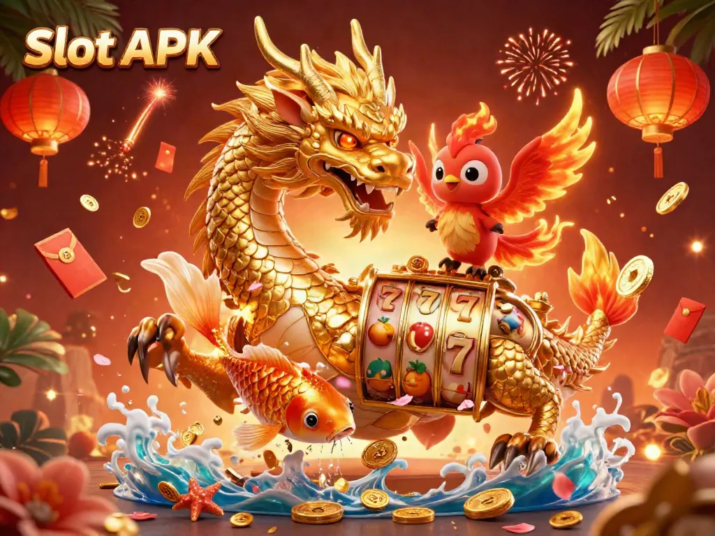 Experience the thrill of Slot APK with a vivid scene of a dragon and phoenix amidst lively casino elements.